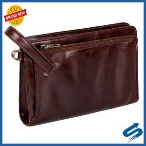 Handmade Leather Clutch Wrist Bag with Card Slots and Expandable Strap